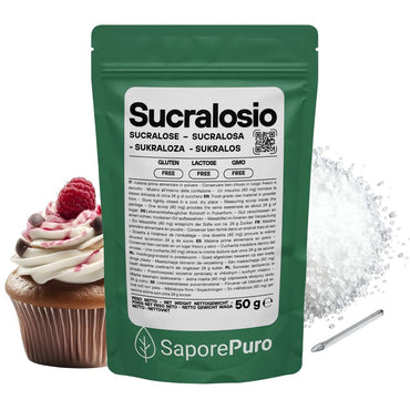Dolcificante SaporePuro sucralosio in polvere, senza calorie e gluten free, ideale per dolci e bevande.