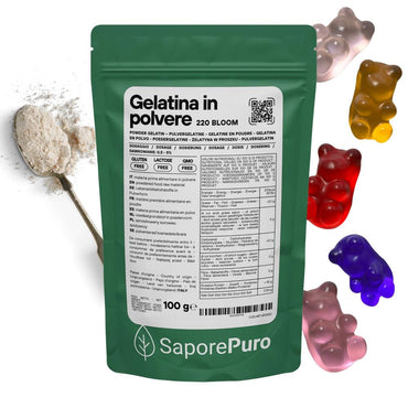 Gelatina istantanea SaporePuro, 200-220 bloom, ingrediente per cucina e forno, polvere trasparente in confezione da cucina.
