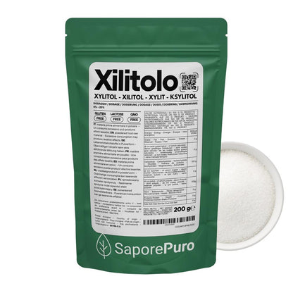 Zucchero naturale Xilitolo SaporePuro, dolcificante a basso contenuto calorico con origine extra U.E. in confezione da immagini.