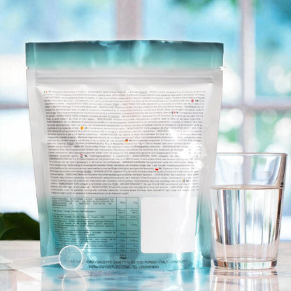 Integratore di collagene marino SaporePuro, confezione da 300g, vista retro del prodotto, con dettagli e etichetta.