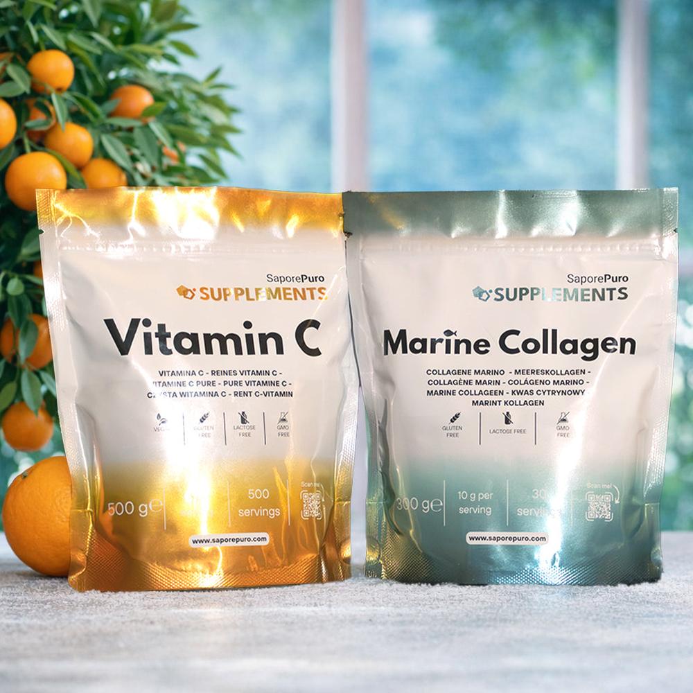 Integratore di collagene marino SaporePuro con vitamina C in polvere da 300g, ideale per la salute della pelle e delle articolazioni