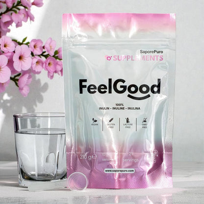 Inulina FeelGood di SaporePuro, integratore alimentare di fibre, mostra la confezione con etichetta e dettagli sul prodotto