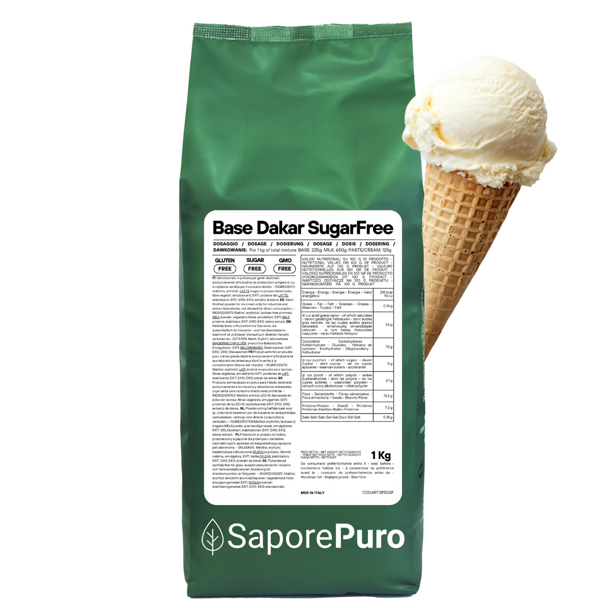 Base Dakar SaporePuro — Senza Zucchero Aggiunto - Preparato professionale per gelato con edulcoranti | 1 kg