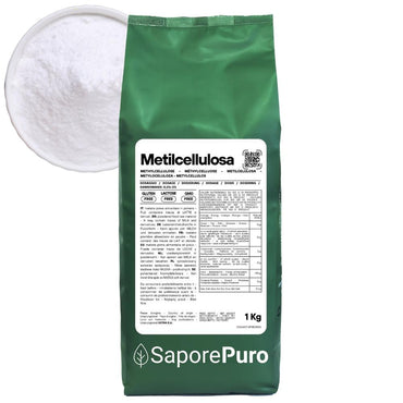 Metilcellulosa alimentare SaporePuro in polvere, addensante e gelificante, visibile in un barattolo bianco con etichetta.