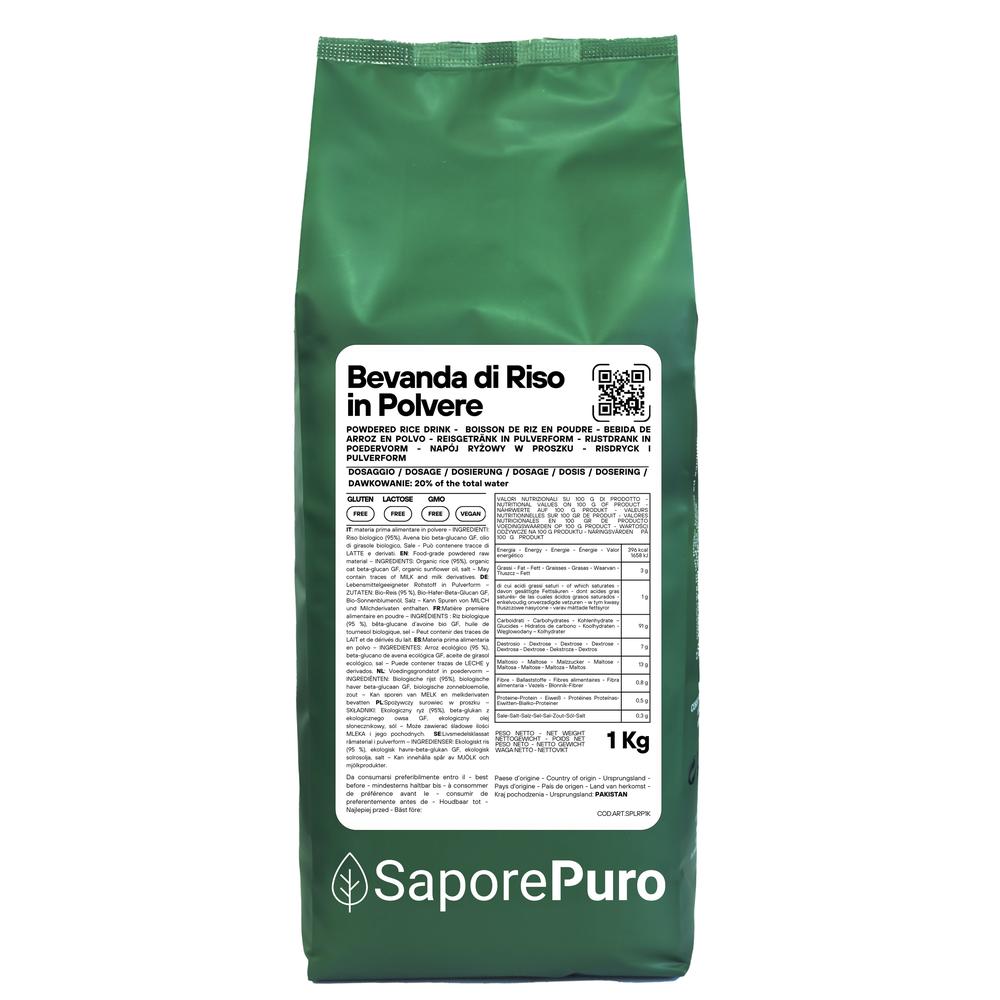 Bevanda di riso in polvere gluten free e vegana di SaporePuro, confezione frontale da 1kg con etichetta visibile.