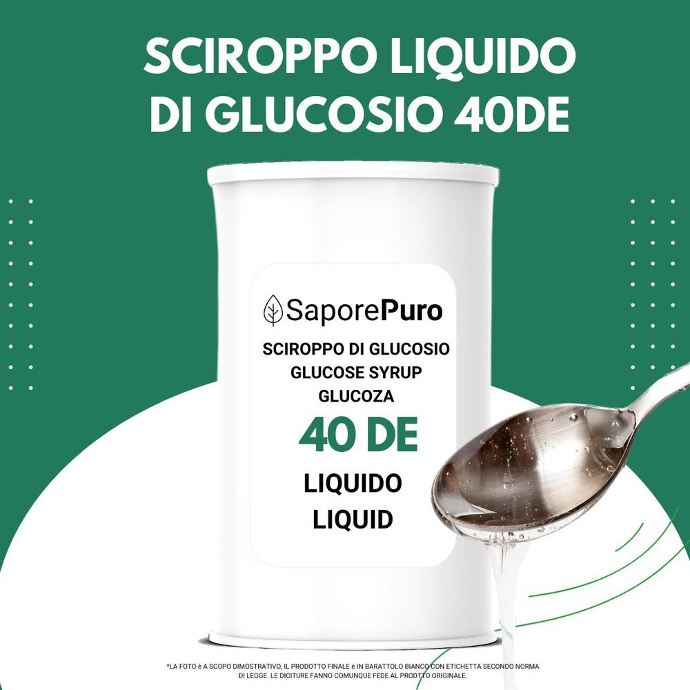 Sciroppo di glucosio liquido 40DE di SaporePuro, ingrediente per gelati e pasticceria, ideale per dolci e preparazioni da forno.