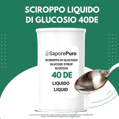 Sciroppo di glucosio liquido 40DE di SaporePuro, ingrediente per gelati e pasticceria, ideale per dolci e preparazioni da forno.