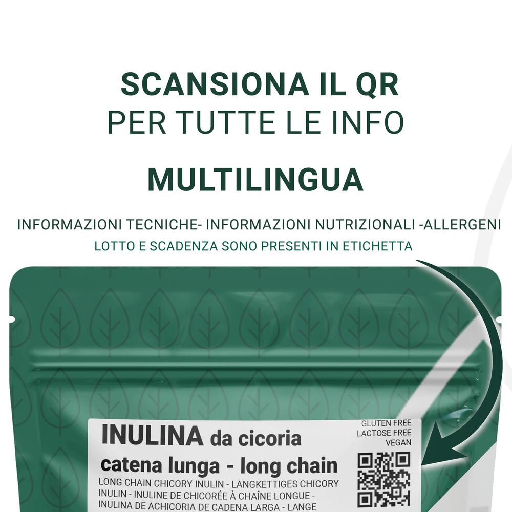 Inulina a catena lunga in polvere pura SaporePuro, 150g, contenitore con etichetta e logo, vista frontale.