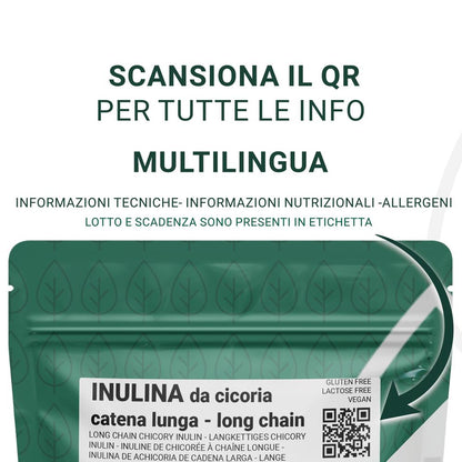 Inulina a catena lunga in polvere pura SaporePuro, 150g, contenitore con etichetta e logo, vista frontale.