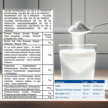 Inulina a catena lunga in polvere pura di SaporePuro, 150g, origine Europa, visualizzata in confezione con etichetta.