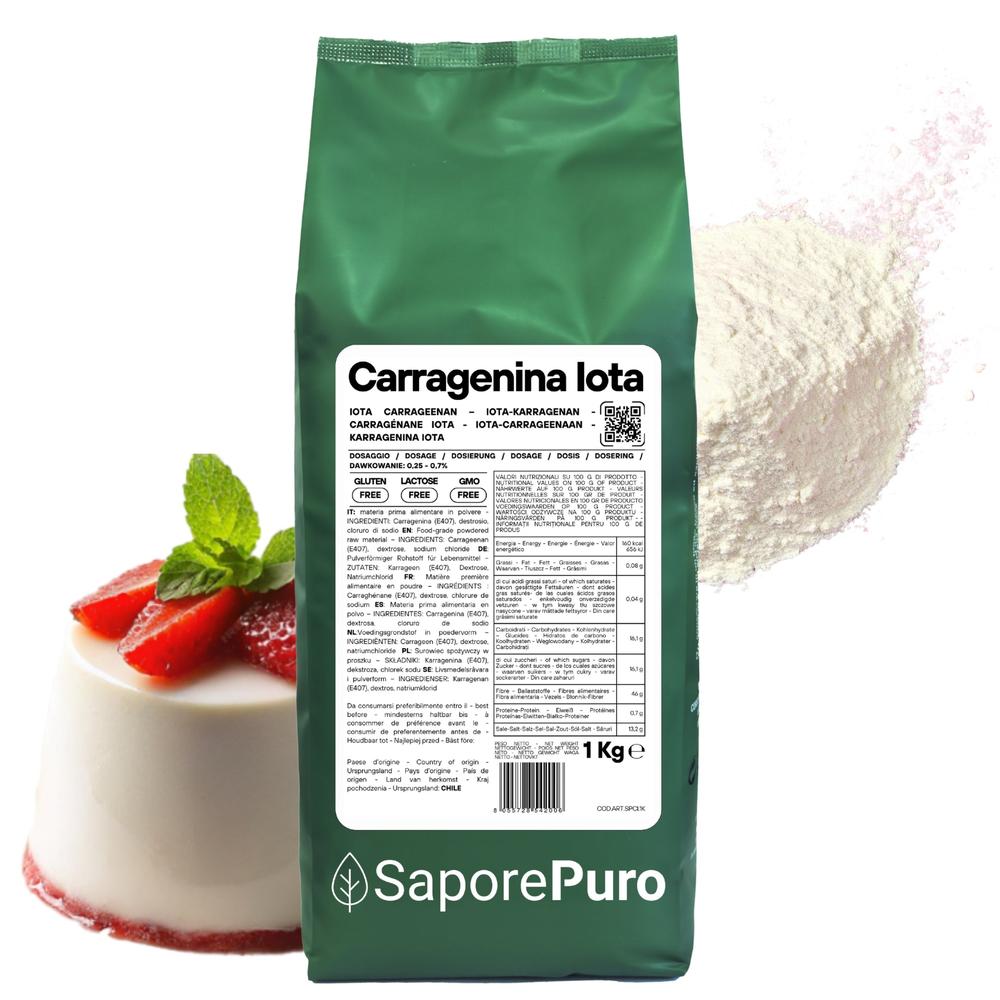 Carragenina Iota E407, gelificante elastico in confezione da SaporePuro, emulsificante naturale per cucina e pasticceria.