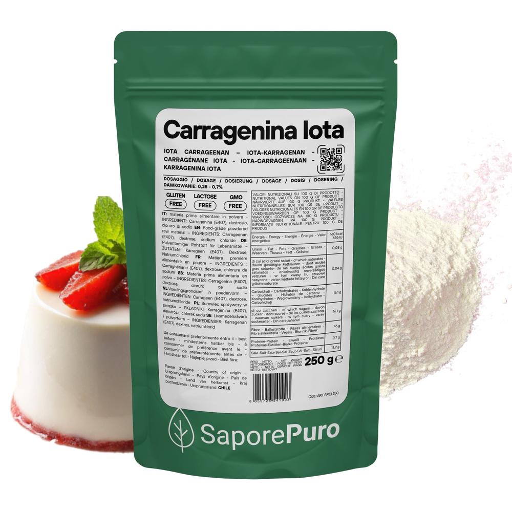 Carragenina Iota E407, gelificante elastico in emulsione, immagine del prodotto SaporePuro, confezione da 250 grammi