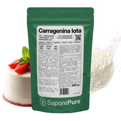 Carragenina Iota E407, gelificante elastico in emulsione, immagine del prodotto SaporePuro, confezione da 250 grammi
