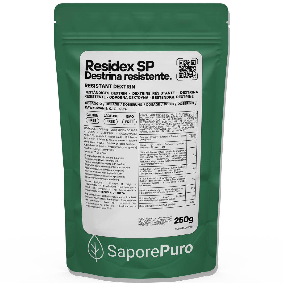 Amido resistente ResiDex SP di SaporePuro, confezione da 250g, mostra la polvere di destrina resistente da mais in un barattolo