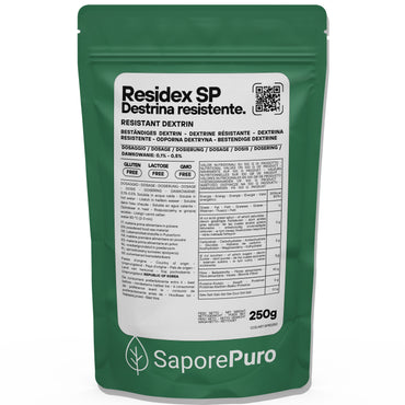 Amido resistente ResiDex SP di SaporePuro, confezione da 250g, mostra la polvere di destrina resistente da mais in un barattolo