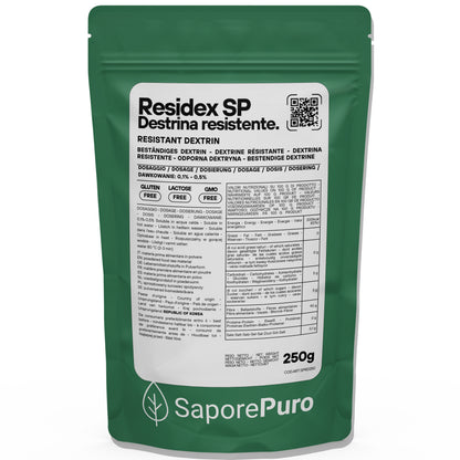 Amido resistente ResiDex SP di SaporePuro, confezione da 250g, mostra la polvere di destrina resistente da mais in un barattolo