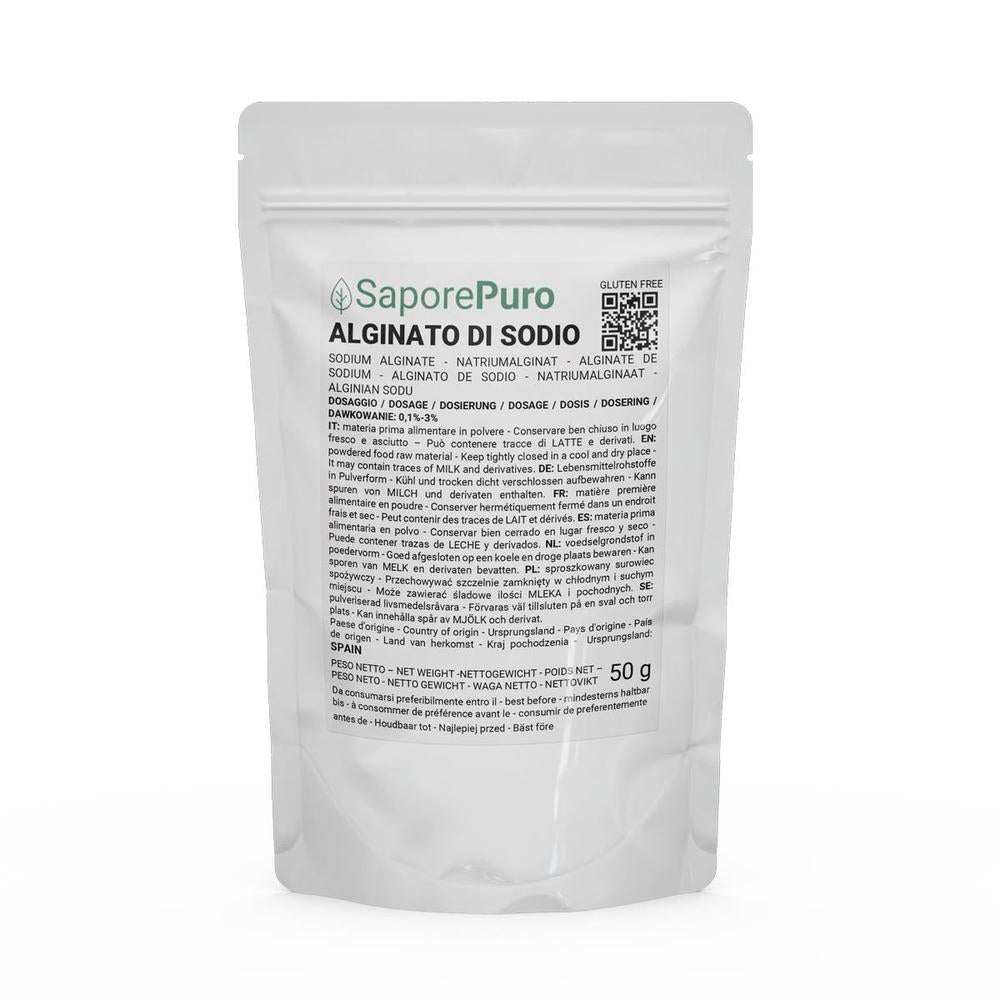 Kit di sferificazione molecolare SaporePuro con 50g di alginato di sodio, mostra il pacchetto frontale del prodotto.