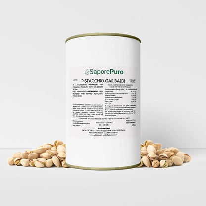 Pasta di pistacchio Sicilia SaporePuro in confezione da 1kg, barattolo con etichetta verde e pistacchi sullo sfondo.